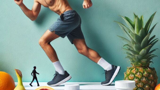 Ein Sportler kleiner an der rechten Seite zusammen mit frischem Obst, Medikamenten und Tabletten auf der linken Seite des Bildes